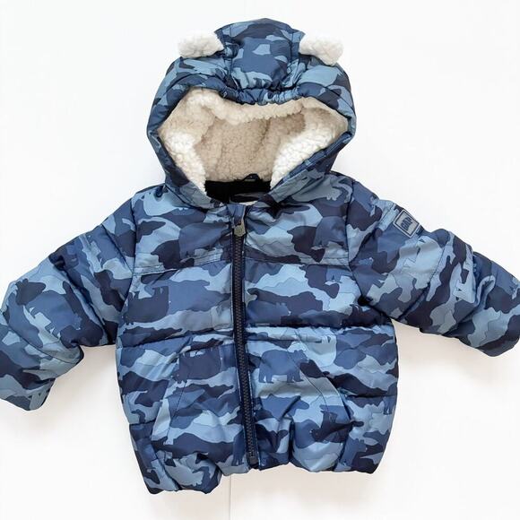 Gap Blue Camouflage Hooded Puffer Coat - Picture 1 of 9